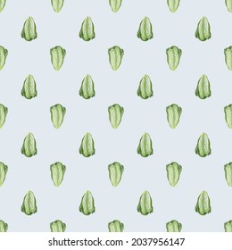 Seamless pattern salad Romano on pastel blue background. Minimalism ornament with lettuce. Geometrical plant template for fabric. Design vector illustration.