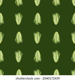 Seamless pattern salad Romano on green background. Minimalism ornament with lettuce. Geometrical plant template for fabric. Design vector illustration.