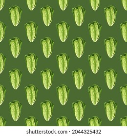 Seamless pattern salad Romano on bright green background. Minimalism ornament with lettuce. Geometrical plant template for fabric. Design vector illustration.