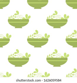 Seamless pattern. Salads bowl with salad, healthy lifestyle, raw food. Flat style. Vector illustration isolated on white background.