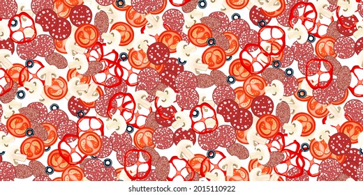 Seamless pattern with salami pieces, mushrooms, tomatoes, bell peppers, olives. Traditional italian fast food. Top view meal isolated on white background. Cartoon flat style. Vector illustration