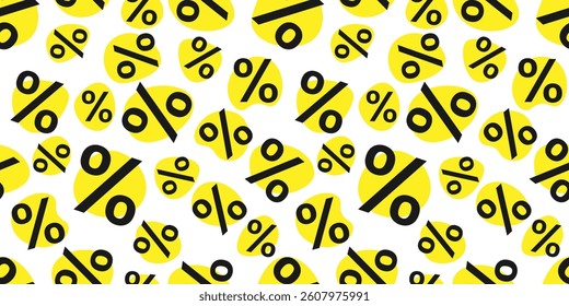 Seamless pattern Sale with black percent sign, scattered symbol % on yellow abstract text box on white background. Backdrop for wallpaper, paper bag. Vector illustration EPS10


