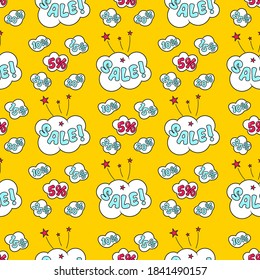 Seamless pattern with Sale Bubble speech on yellow background. Suitable for comment or thinking note in Pop Art style. Vector Illustration