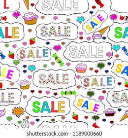 Seamless pattern. Sale Discount background for the online store, promotional leaflet, shop, poster, banner. Vector format. Picture in white, black and yellow colors.