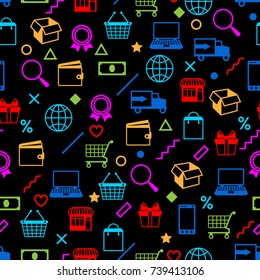 Seamless pattern with sale items. Online shopping and marketing advertising concept.