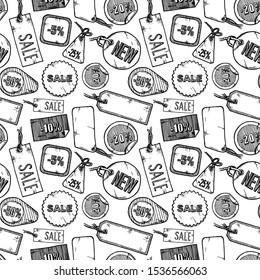 Seamless pattern with sale labels. Vector illustration background in ink hand drawn style.