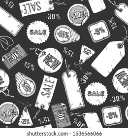 Seamless pattern with sale labels. Vector illustration background in ink hand drawn style.