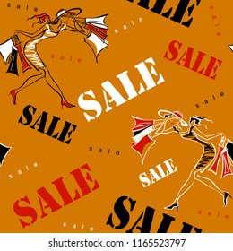 Seamless pattern. Sale. Shopping on site. Girls on shopping. Cheerful print dedicated to sales and discounts in stores. Vector illustration.