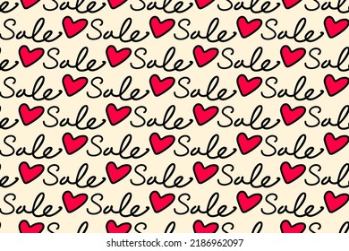 Seamless pattern with Sale word and red hearts isolated on light backdrop. Design template for fabric,cloth, textile,print,gift wrap and decor.