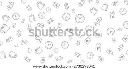 A seamless pattern of sale-related icons including shopping bags, clocks, dollar signs, and megaphones on a white background.