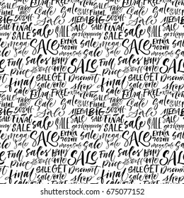 Seamless pattern of sales phrases. Sale, go shopping, final sale, buy one get one free, full price, extra sale and others. Ink illustration. Hand drawn ornament for wrapping paper.