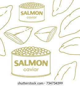Seamless pattern with salmon caviar and pies. Vector. Monochrome