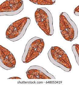 Seamless Pattern with Salmon Filet for Seafood Menu. Ink Vector Illustration Isolated On a White Background Doodle Cartoon Vintage Hand Drawn Sketch.