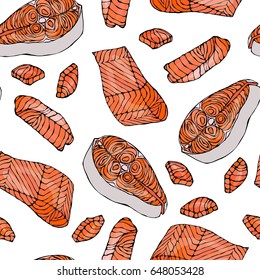 Seamless Pattern with Salmon Filet for Seafood Menu. Ink Vector Illustration Isolated On a White Background Doodle Cartoon Vintage Hand Drawn Sketch.
