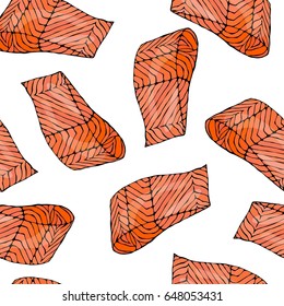 Seamless Pattern with Salmon Filet for Seafood Menu. Ink Vector Illustration Isolated On a White Background Doodle Cartoon Vintage Hand Drawn Sketch.