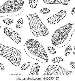 Seamless Pattern with Salmon Filet for Seafood Menu. Ink Vector Illustration Isolated On a White Background Doodle Cartoon Vintage Hand Drawn Sketch.