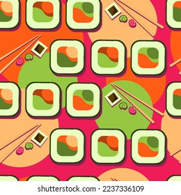 Seamless pattern with salmon fillet. Red flesh fish. sushi pattern.Advertising sushi and rolls. Asian food. Japanese food.