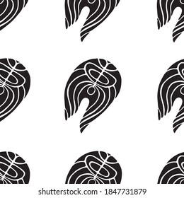 Seamless pattern salmon. Fish steak icon. Vector salmon illustration isolated on white background. Hand drawn. Flat design.