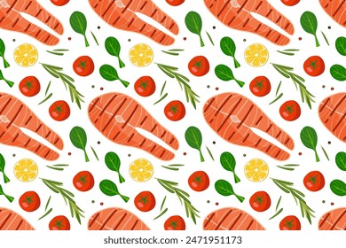 Seamless pattern with Salmon grill steak and ingredients. Tomato, slices of lemon, rosemary, spinach, pepper. Red fish and vegetables background For menu, wallpaper, textile, wrapping, scrapbooking