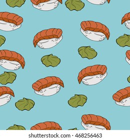 Seamless pattern with salmon nigiri sushi and vasabi on pastel blue background. Hand drawn vector illustration.