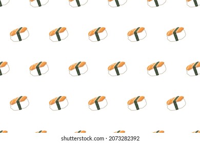 Seamless pattern of Salmon nigiri-sushi wrapped with seaweed on white background. Pattern for print, textile, wrapping paper, Japanese food decoration. Flat vector.