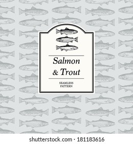 Seamless Pattern - Salmon, Rainbow and Brown Trout. The label is isolated and easily removable. 