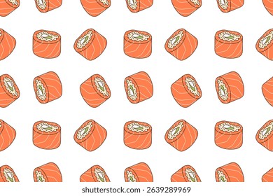 Seamless Pattern with Salmon Roll with avocado, cheese, rice. Hand drawn lineart vector illustration. Repeated background for textile, wallpaper, packaging. Japanese food and rolls menu