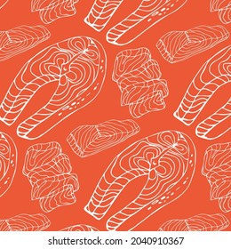 Seamless pattern with Salmon steak , conceptual sea food background, flat lay composition. Vector illustration.