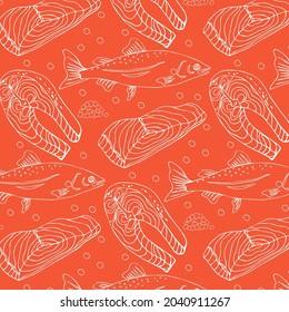 Seamless pattern with Salmon steak , conceptual sea food background, flat lay composition. Vector illustration. Good for menu cafe, restaurants, shops, market, packages.