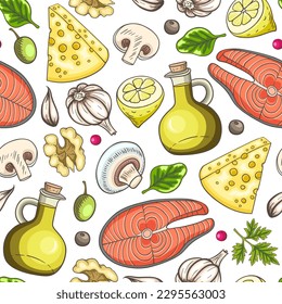 Seamless pattern with salmon steak and cooking ingredients. Hand drawn vector background