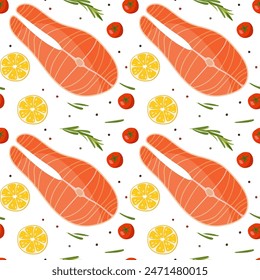 Seamless pattern with Salmon steak and ingredients for grilling, slices of lemon, rosemary. Red fish and seasonings. Cooking salmon steak. Overhead view. Repeated background For menu, wallpaper