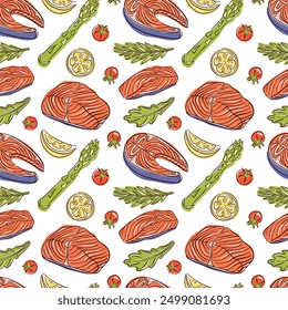 Seamless pattern with Salmon steak and ingredients in flat style. Tomato, slices of lemon, rosemary, arugula, asparagus. Red fish and vegetables design for menu, wallpaper, textile, wrapping.