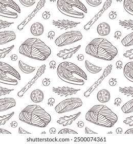 Seamless pattern with Salmon steak and ingredients in line art style. Tomato, slices of lemon, rosemary, arugula, asparagus. Red fish and vegetables design for menu, wallpaper, textile, wrapping.