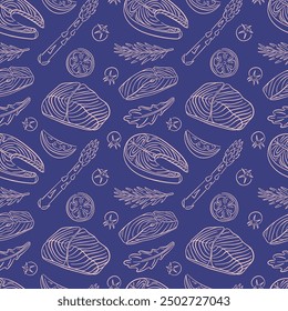 Seamless pattern with Salmon steak and ingredients in line art style. Tomato, lemon, rosemary, arugula, asparagus. Fish and vegetables design for menu, wallpaper, textile, wrapping. Blue background.