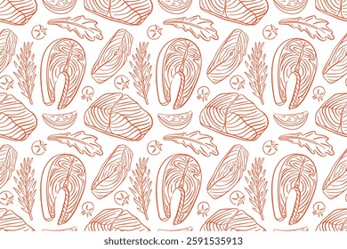 Seamless pattern with Salmon steak and ingredients in line art style on a white background. Tomato, slices of lemon, rosemary, arugula. Red fish design for menu, wallpaper, textile, wrapping.