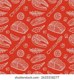 Padrão contínuo com bife de salmão em estilo de arte de linha em fundo vermelho. Tomate, fatia de limão, alecrim, rúcula, espargos. Design de peixe vermelho para menu, papel de parede da cozinha, restaurante, embrulhar.