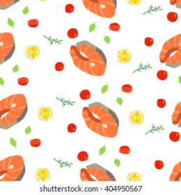 Seamless pattern with salmon steaks, spices, lemon and cherry tomatoes. Vector illustration
