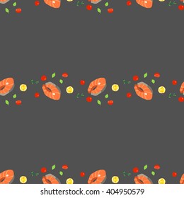 Seamless pattern with salmon steaks, spices, lemon and cherry tomatoes. Vector illustration