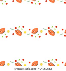 Seamless pattern with salmon steaks, spices, lemon and cherry tomatoes. Vector illustration