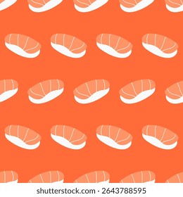 Sushi de salmón sin patrón sobre fondo naranja. Vector.