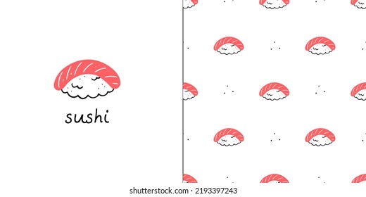 Seamless pattern with salmon sushi rolls and a postcard with sushi text. Vector illustration of Asian cuisine.