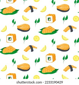 Seamless pattern with salmon and sushi. vector illustration