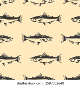 Seamless pattern with salmons. Seafood pattern. Design element for poster, card, banner, flyer. Vector illustration