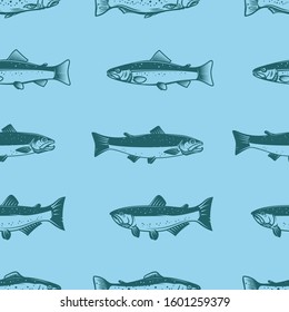 Seamless pattern with salmons. Seafood pattern. Design element for poster, card, banner, flyer. Vector illustration