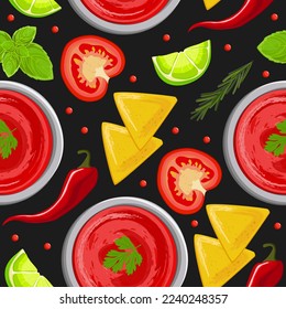 Seamless pattern with salsa sauce. Traditional Latin American Mexican salsa sauce in a plate and vegetables on a dark background. View from above.