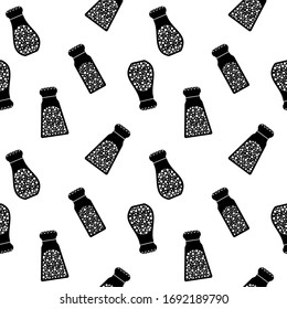 Seamless pattern with salt and pepper shakers. Black spice bottles icons isolated on white background. Vector illustration.