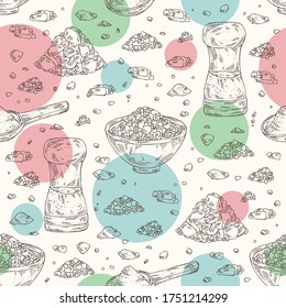 Seamless pattern with salt: spoon with salt, pink Himalaya salt and salt shaker. Vector hand drawn illustration.
