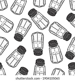 seamless pattern Salt sugar papper shaker bottle. vintage style. black and white