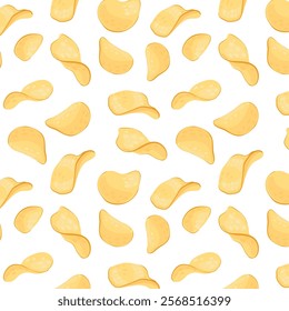 Seamless pattern of salted classic potato chips. Vector background of chips. For snack packaging, fast food, decor, design and banners.