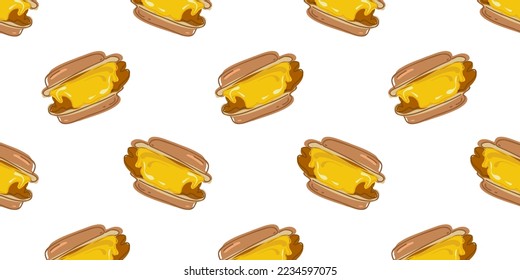 
Patrón sin foco con pastel salado con pollo y queso. Comida callejera. Ilustración vectorial plana